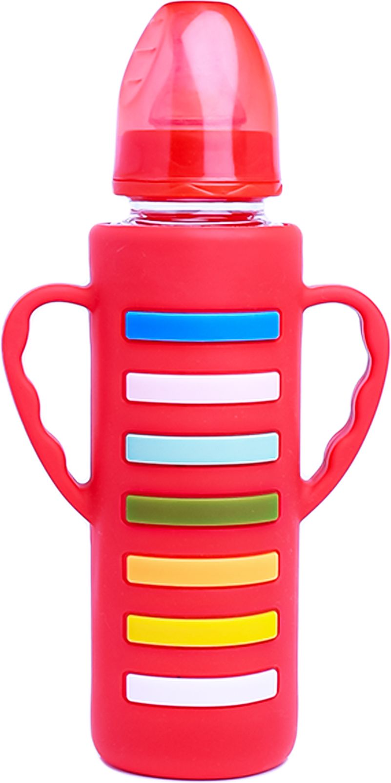 the little lookers Glass Feeding Bottle with Handle Silicon Cover for Baby - Red (240ml) - 240 ml-picture-20
