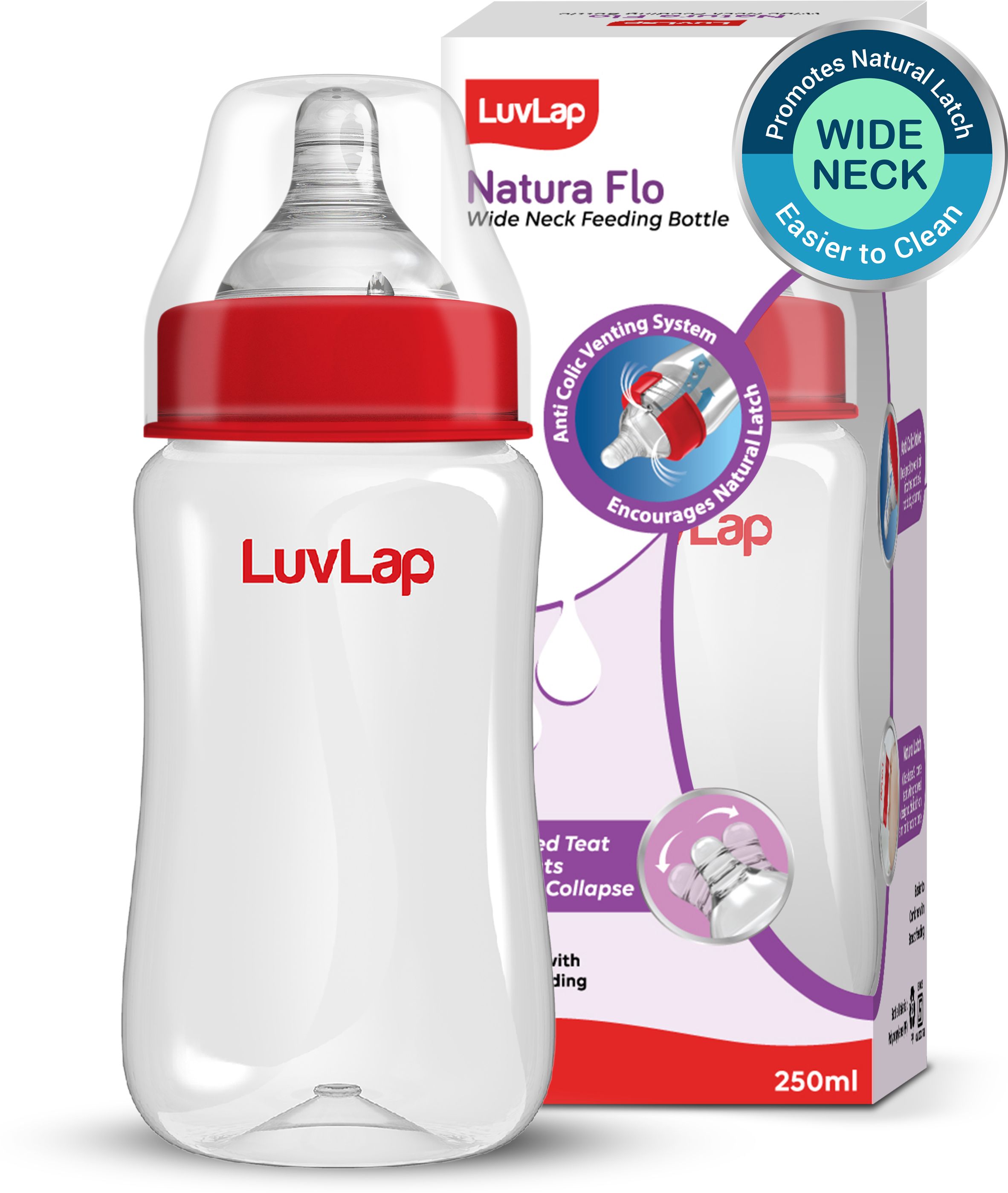 Anti-Colic Wide Neck Natural Flow Baby Feeding Bottle, BPA Free Pack of 1 - 250 ml