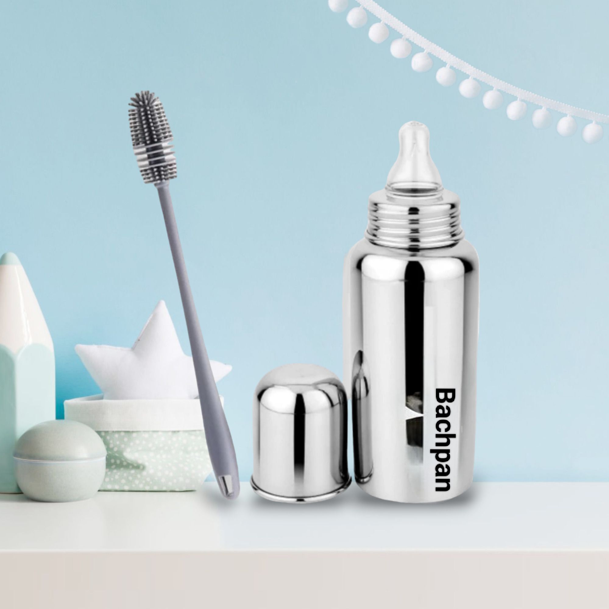 304 grade steel baby milk bottle anti colic design with bottle cleaning brush - 300 ml-image-34