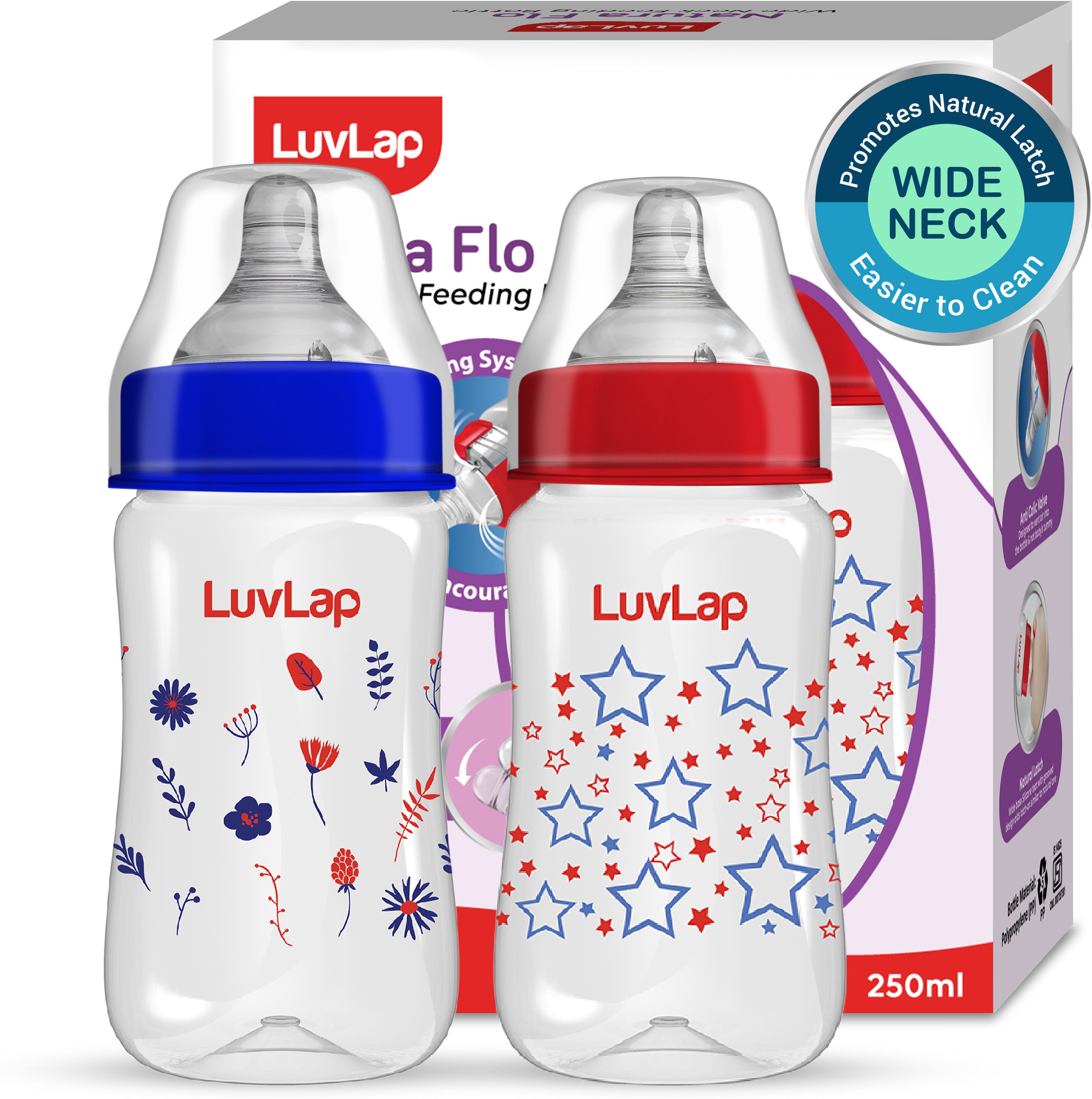 Anti-Colic Wide Neck Natural Flow Baby Feeding Bottle, Floral BPA Free Pack of 2 - 250 ml