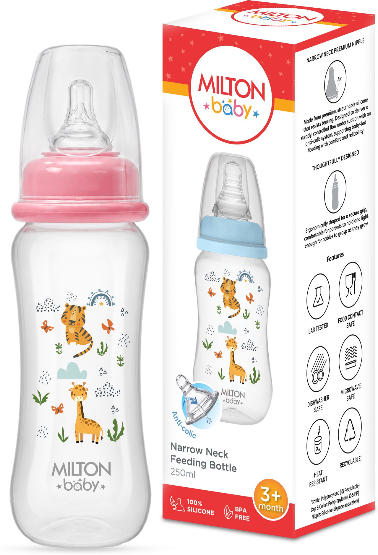milton baby Narrow Neck Feeding Bottle 250ml, Anti-Colic, BPA Free, 3+ Months, Pink - 250 ml-picture-12