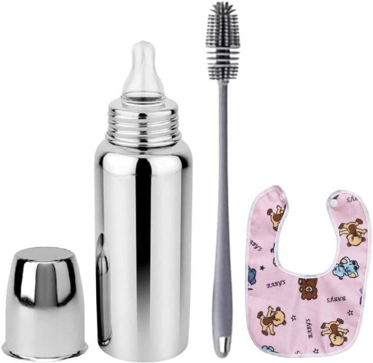 bluscaile Baby Feeding Milk Steel Bottle With Baby Bib & Cleaning Brush 0-5 Years - 250 ml-picture-11