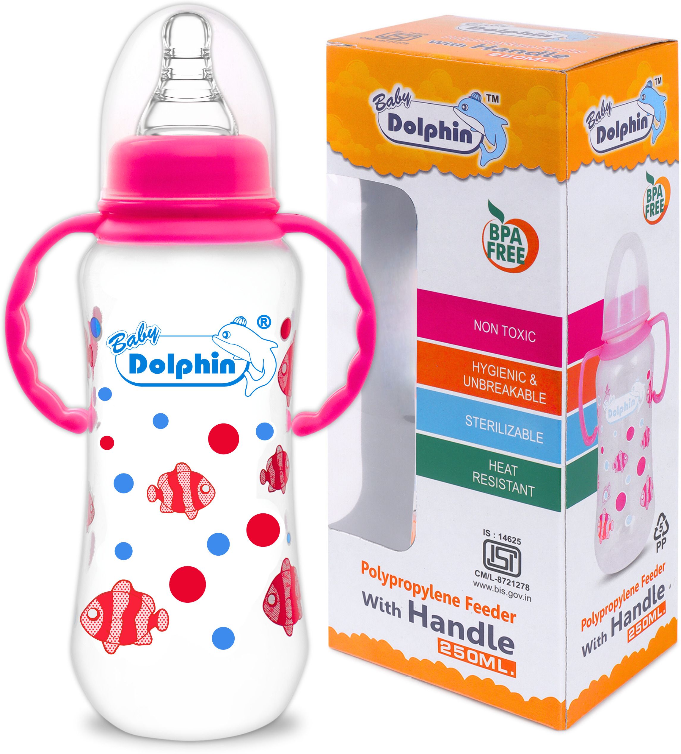 Anti-Colic Slim Neck Baby Feeding Bottle with Handle | BPA Free | 3m+, Fish - 250 ml