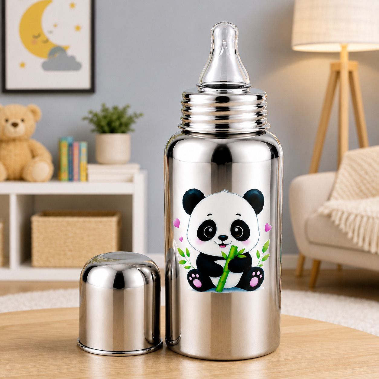 Baby Feeding Bottle Made with Stainless Steel with Cute Panda Print - 255 ml-image-12