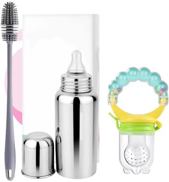 Stainless Steel Baby Feeding Bottle, 1 food Nibbler and 1 Cleaning Brush Combo - 240 ml-image-5