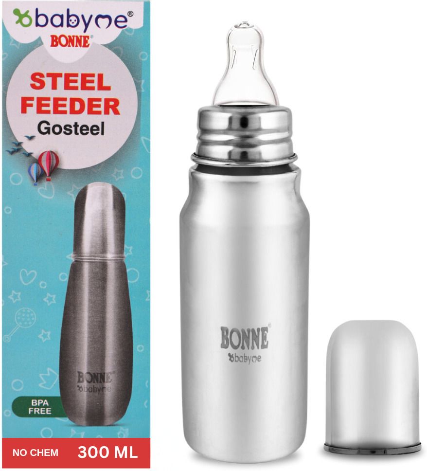 Stainless Steel Feeding Bottle for New Born Baby With Silicon Nipple - 300 ml-image-47