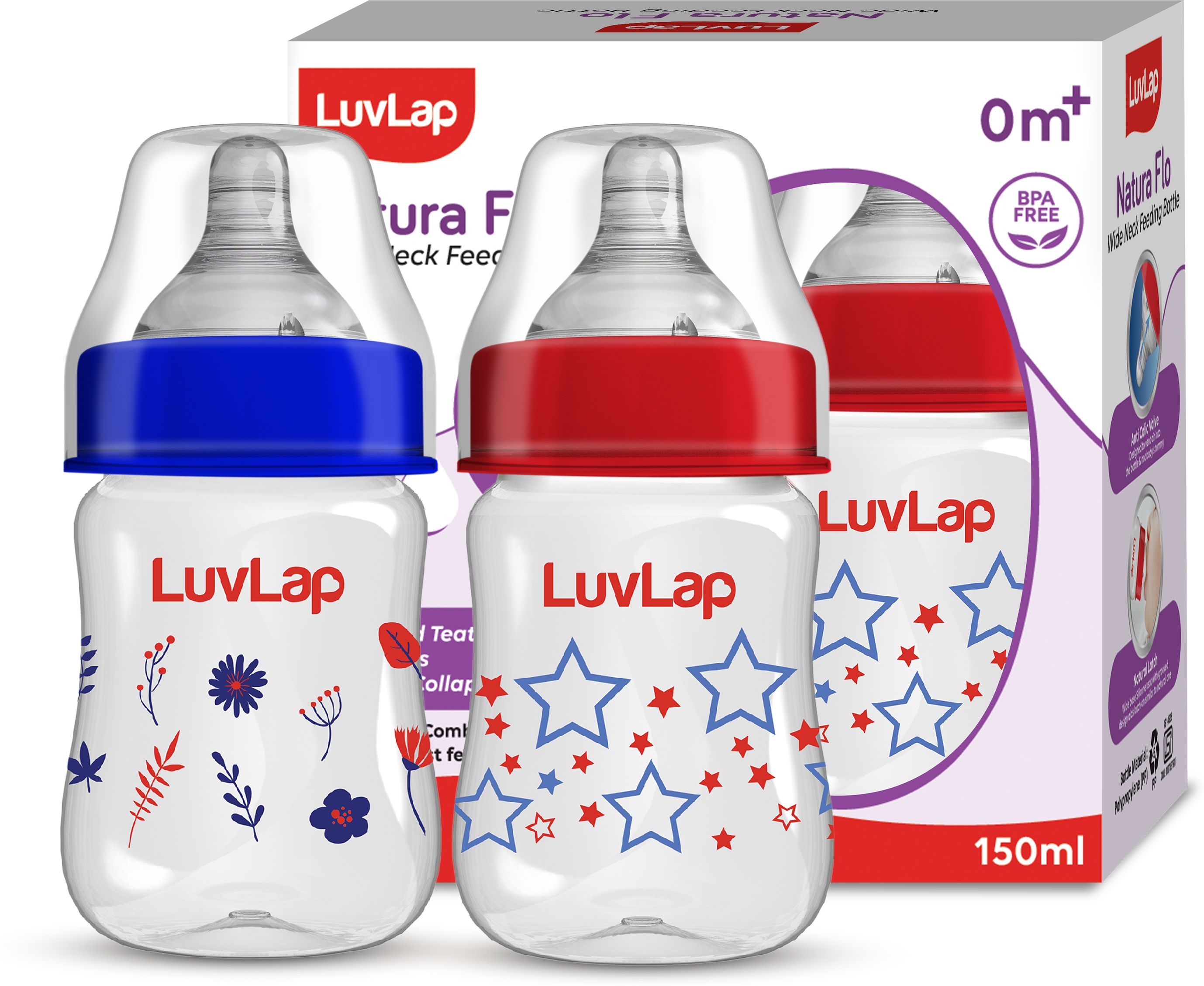 Anti-Colic Wide Neck Natural Flow Baby Feeding Bottle, Floral BPA Free Pack of 2 - 150 ml