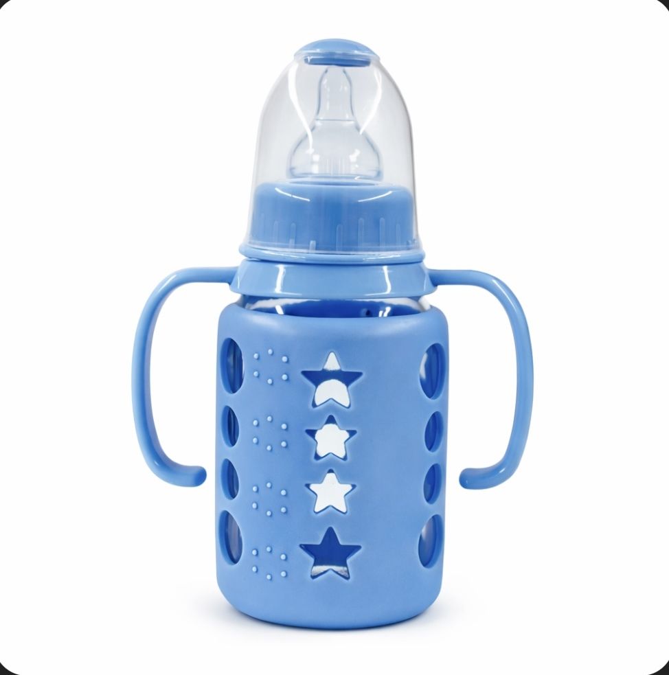 melloracart BABY GLASS FEEDING BOTTLE WITH SILICON COVER BPA FREE BLUE 120ML - 120 ml-picture-17