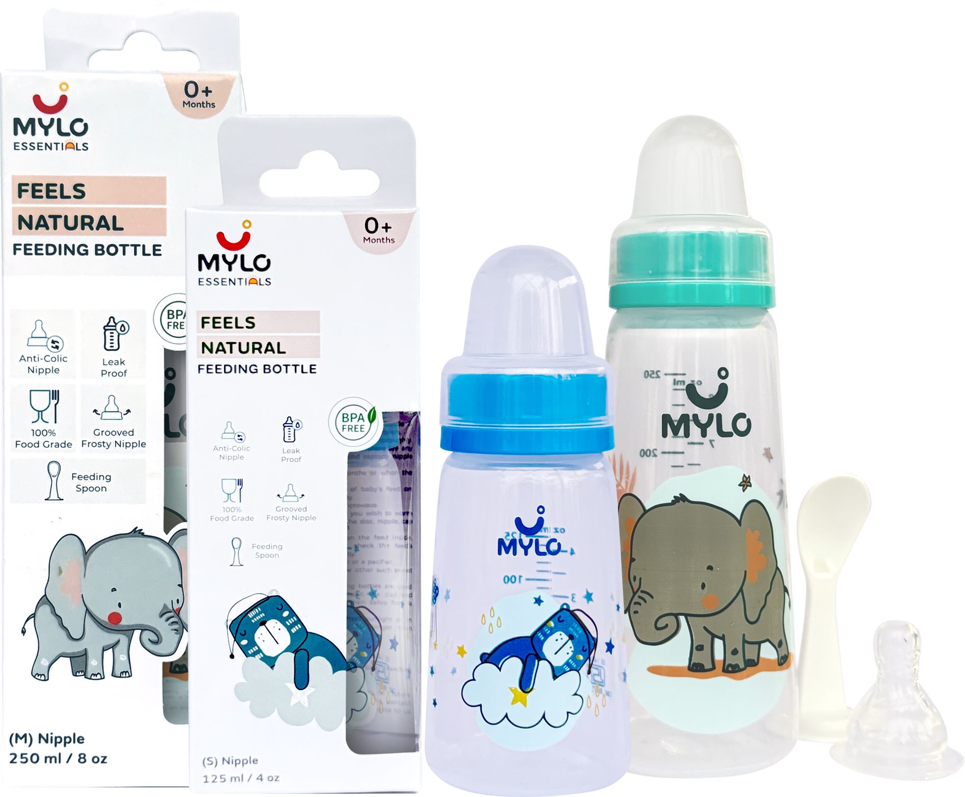 Baby Feeding Bottles for New Born Babies with Spoon | Anti Colic - (125+250ml) - 375 ml