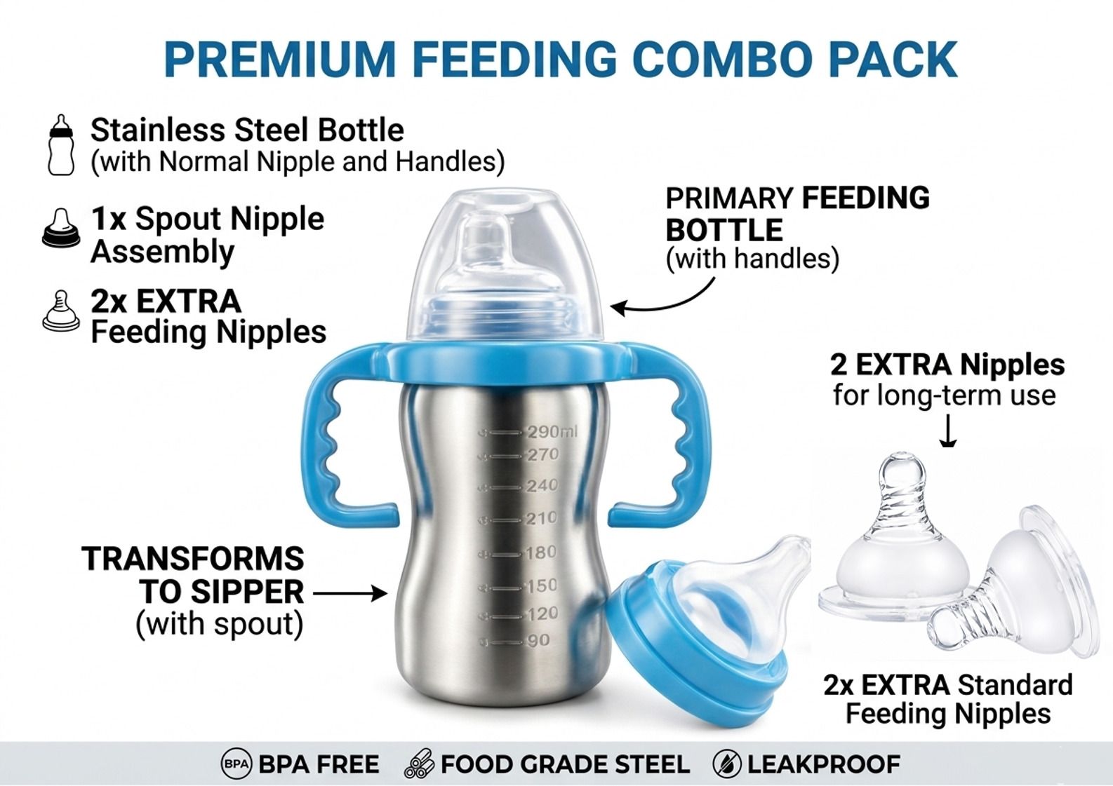 shoppizone 2-in-1 Stainless Steel Baby Feeding Bottle with 2 Extra Silicone Nipples - 290 ml-picture-2