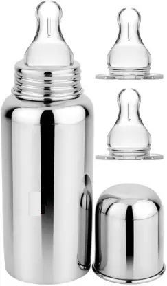 Baby Stainless Steel Milk Feeding Bottle with Silicon Nipple 240 ML - 240 ml-image-39