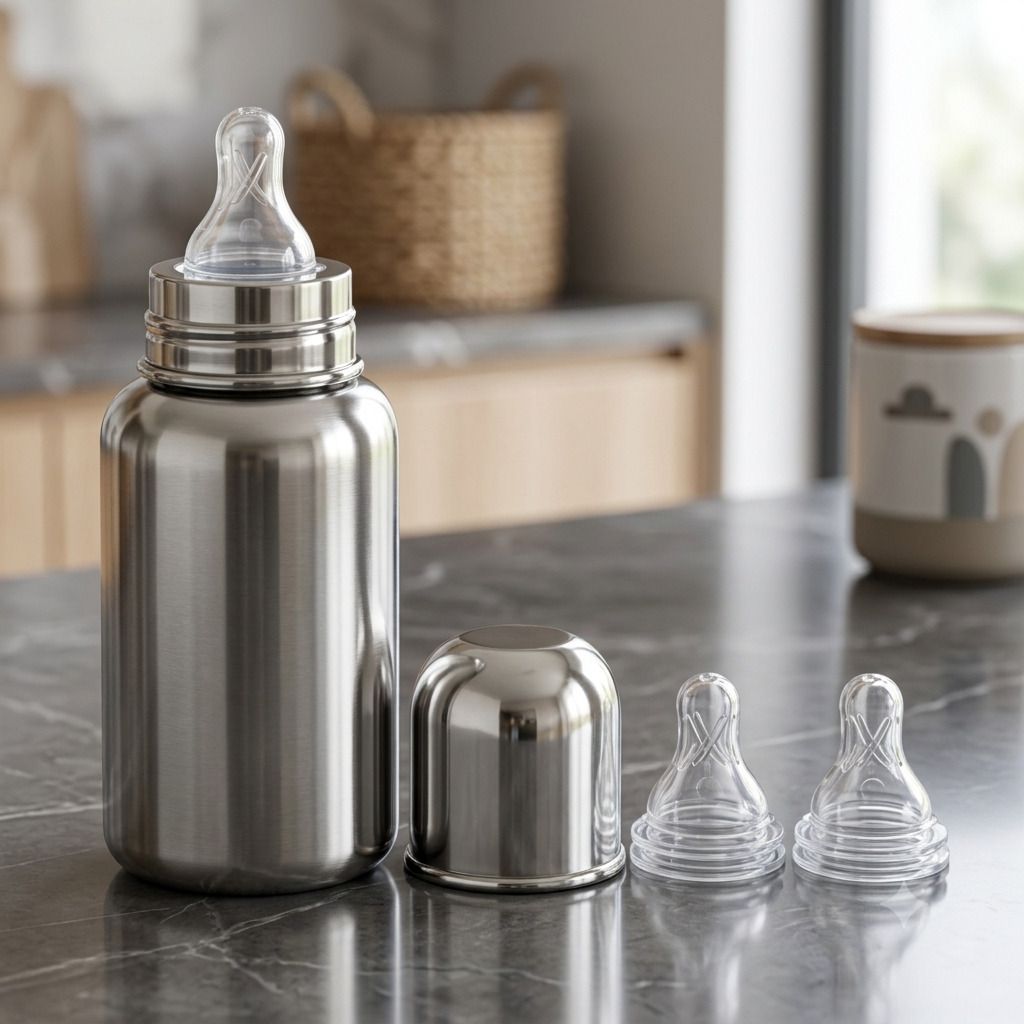 150ml Stainless Steel Bottle | Steel Baby Bottle with 2 Extra Silicone Nipples - 150 ml-image-1