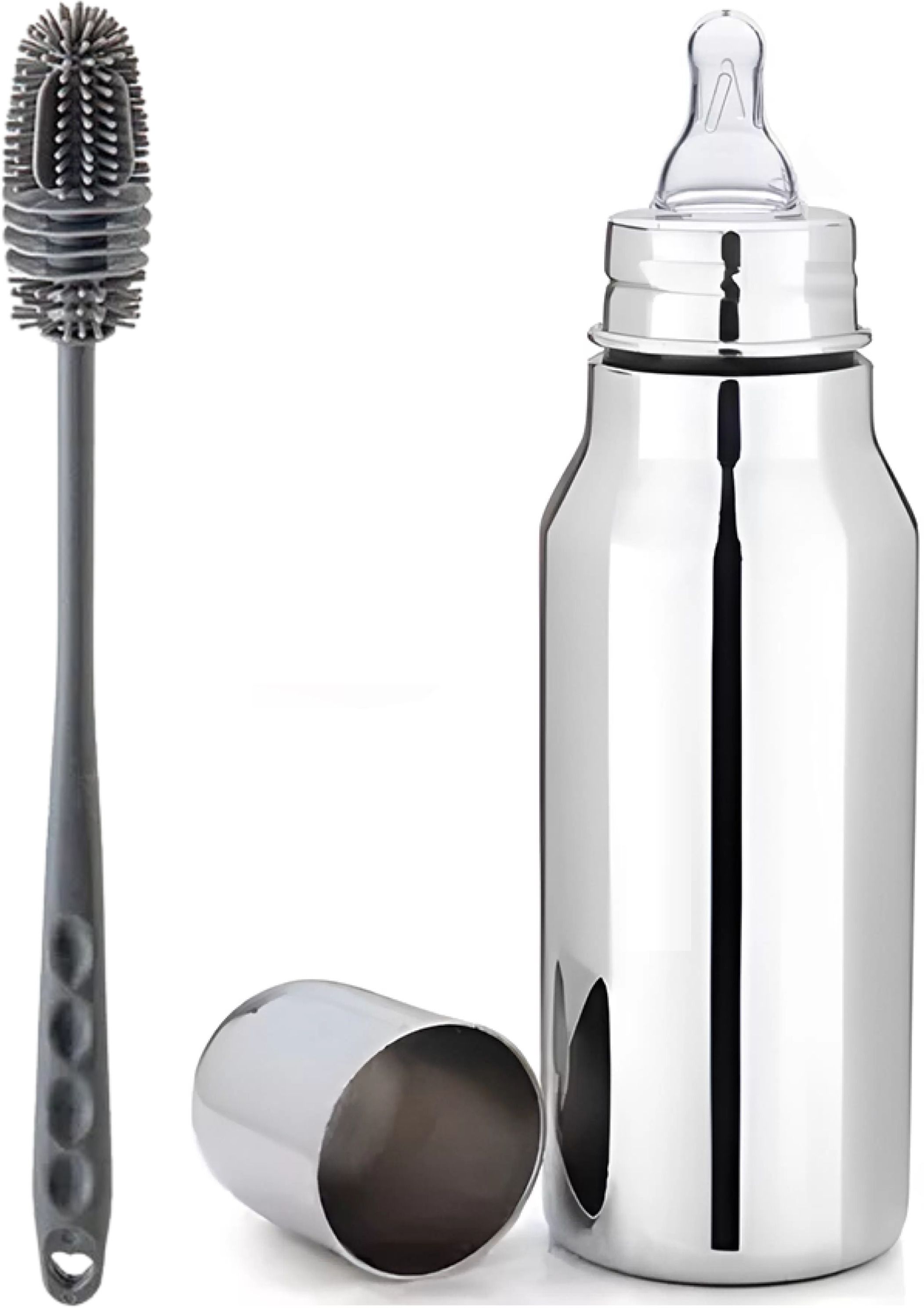 Premium Stainless Steel Baby Feeding Bottle with Long Handle silicone Brush - 350 ml-image-1