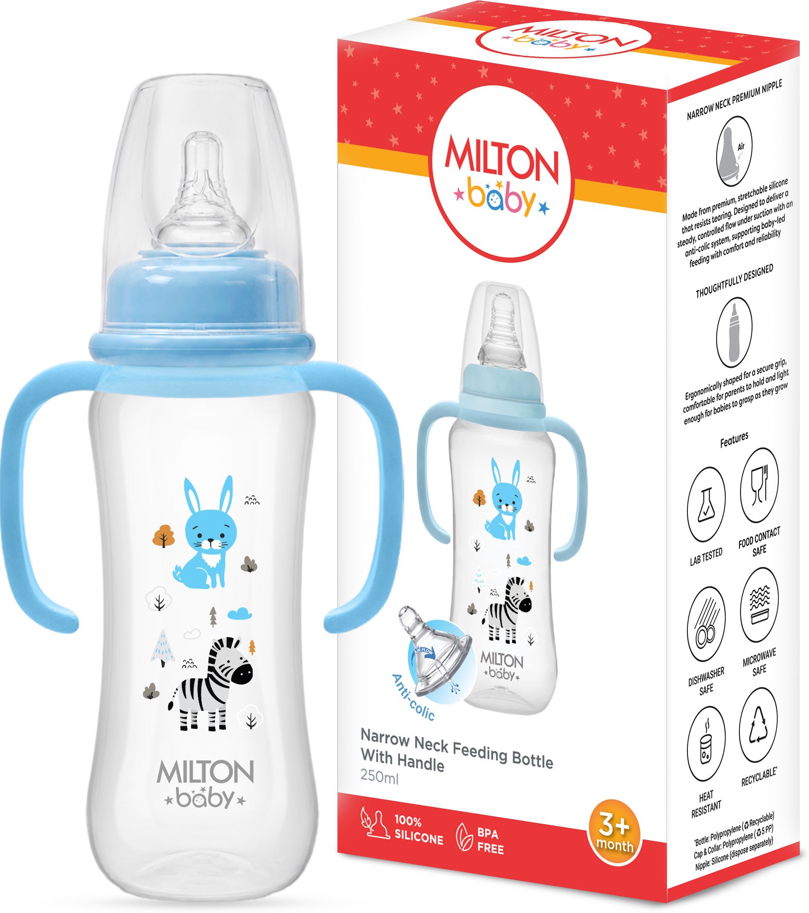Narrow Neck Feeding Bottle 250ml with Handle, Anti-Colic, 3+ Months, Sky Blue - 250 ml-image-24