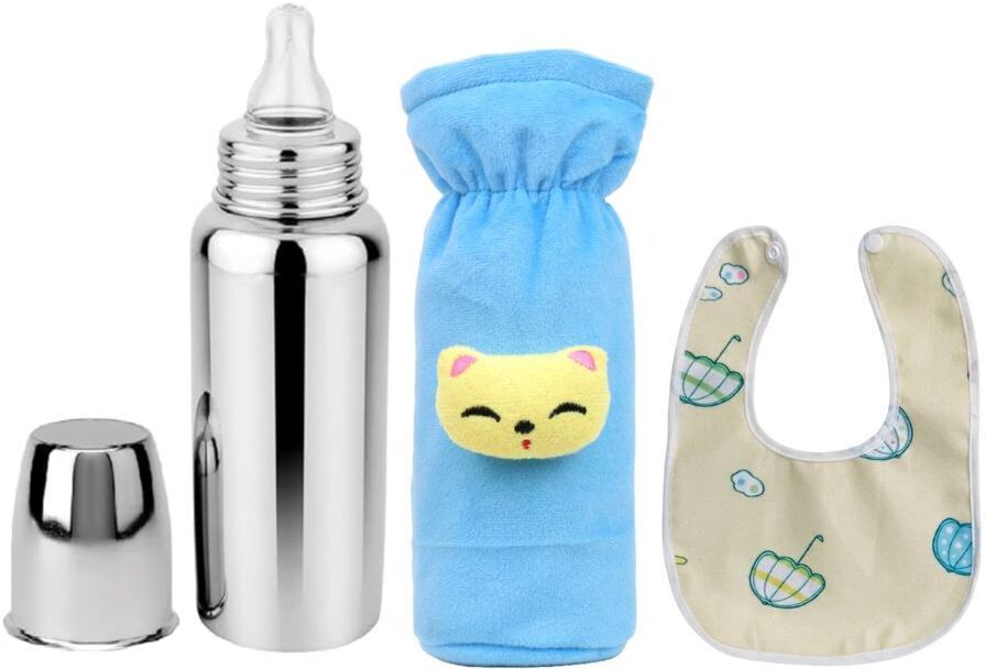 bluscaile Baby Feeding Milk Steel Bottle With Cover & Baby Bib 0-5 Years - 250 ml-picture-17