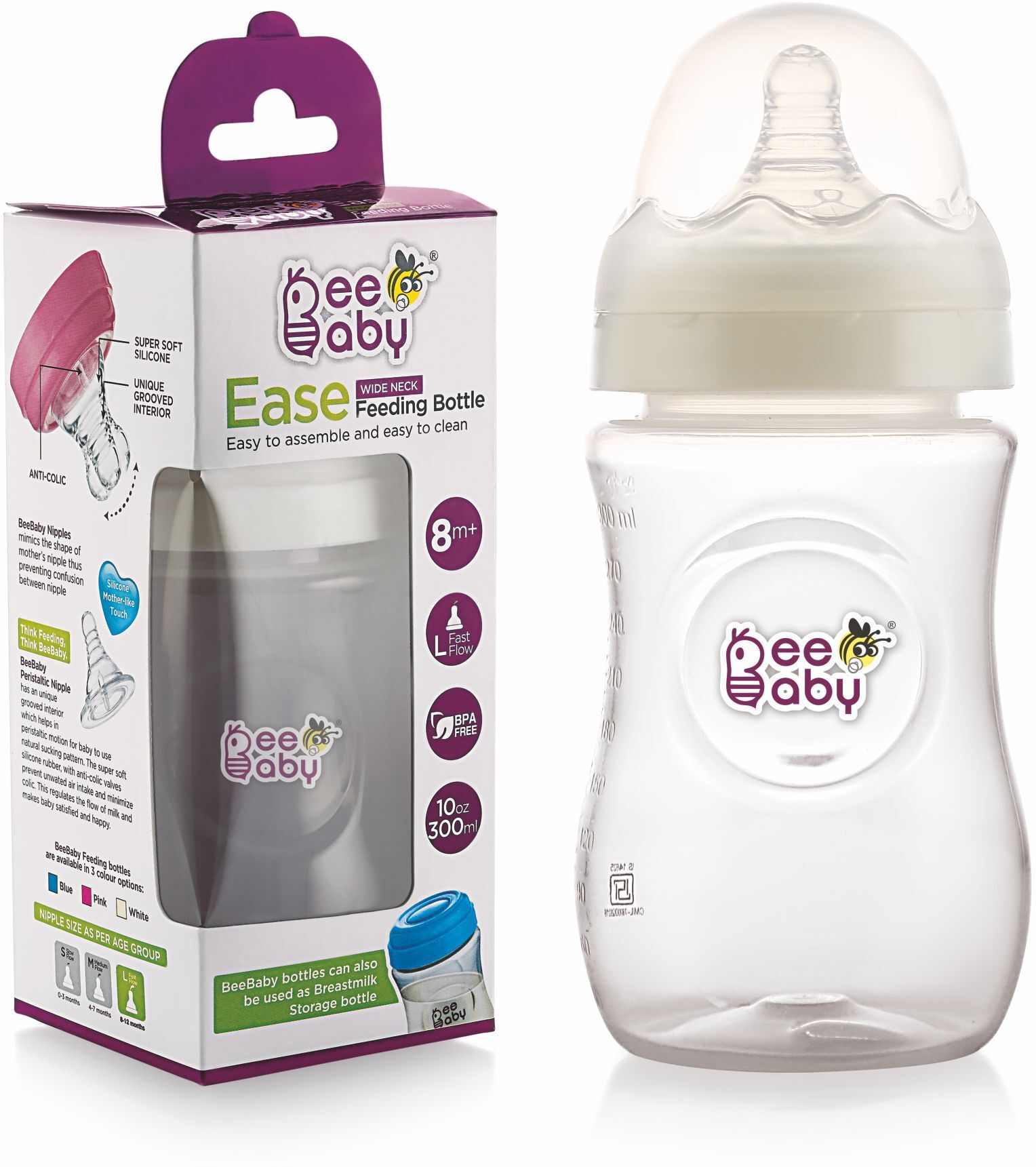 Ease Wide Neck Baby Feeding Bottle. 100 % BPA Free. ( White) ( 300 ML / 10 Oz.) - 300 ml-image-27