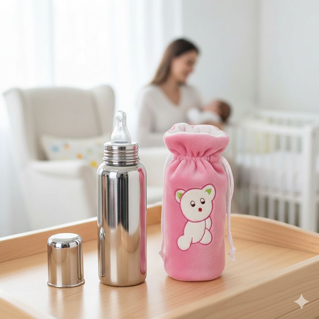 Stainless Steel Infant Baby Feeding Bottle BPA free, 1 pink bottle cover Free - 250 ml-image-24