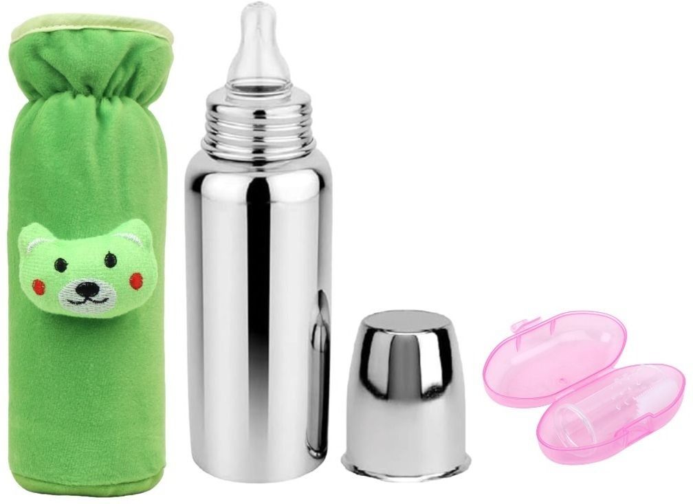 Baby Feeding Stainless Steel Milk Bottle With Cleaning Brush & Baby tooth Brush - 250 ml-image-32