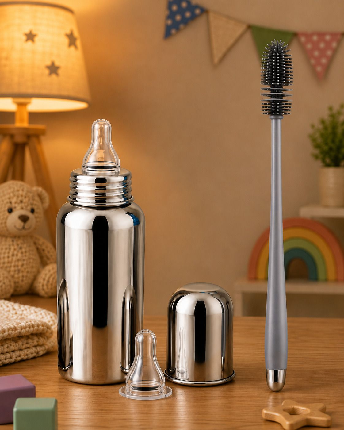 kidlux Steel baby Feeding Bottle with 1 brush and 1 Extra Nipple - 250 ml-picture-14