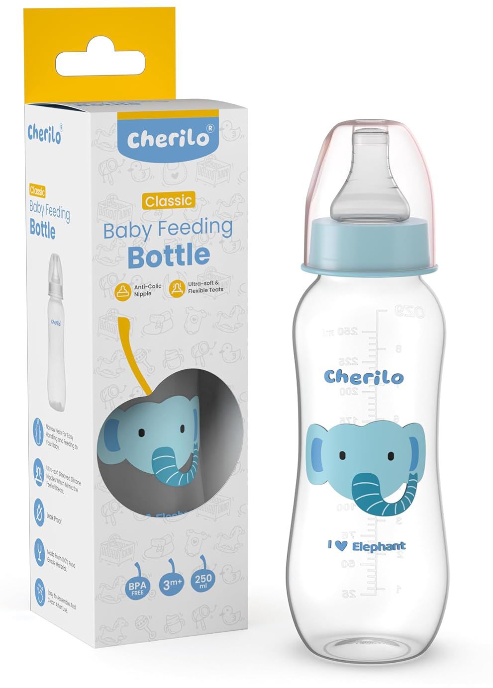 Anti-Colic Slim, Classic Baby Feeding Bottle, Upto 3 Years, Funny Elephant Style - 250 ml