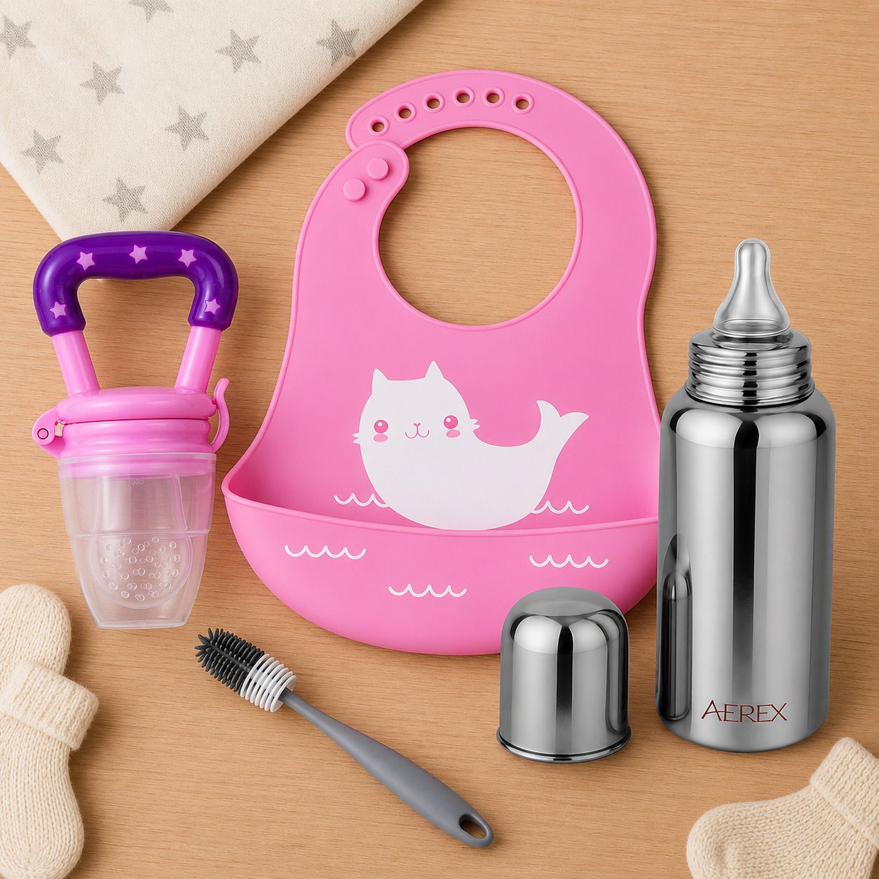aerex Silicone Baby Feeding Set with Bib, Steel Bottle, Fruit Feeder & Cleaning Brush - 240 ml-picture-37