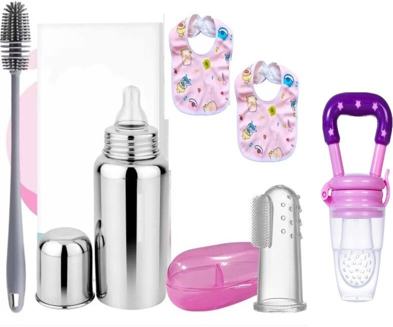 Baby Feeding Bottle with Cleaning Brush, Finger Toothbrush, fruit nibbler& Bib - 240 ml-image-8