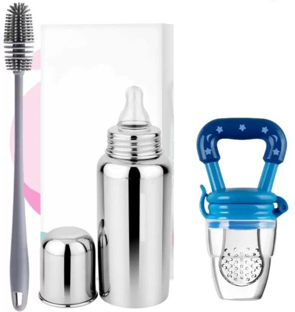 Stainless Steel Baby Feeding Bottle, 1 food Nibbler and 1 Cleaning Brush Combo1 - 240 ml-image-6
