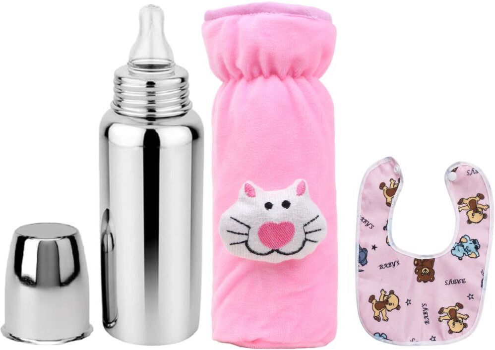 bluscaile Baby Feeding Milk Steel Bottle With Cover & Baby Bib 0-5 Years - 250 ml-picture-22
