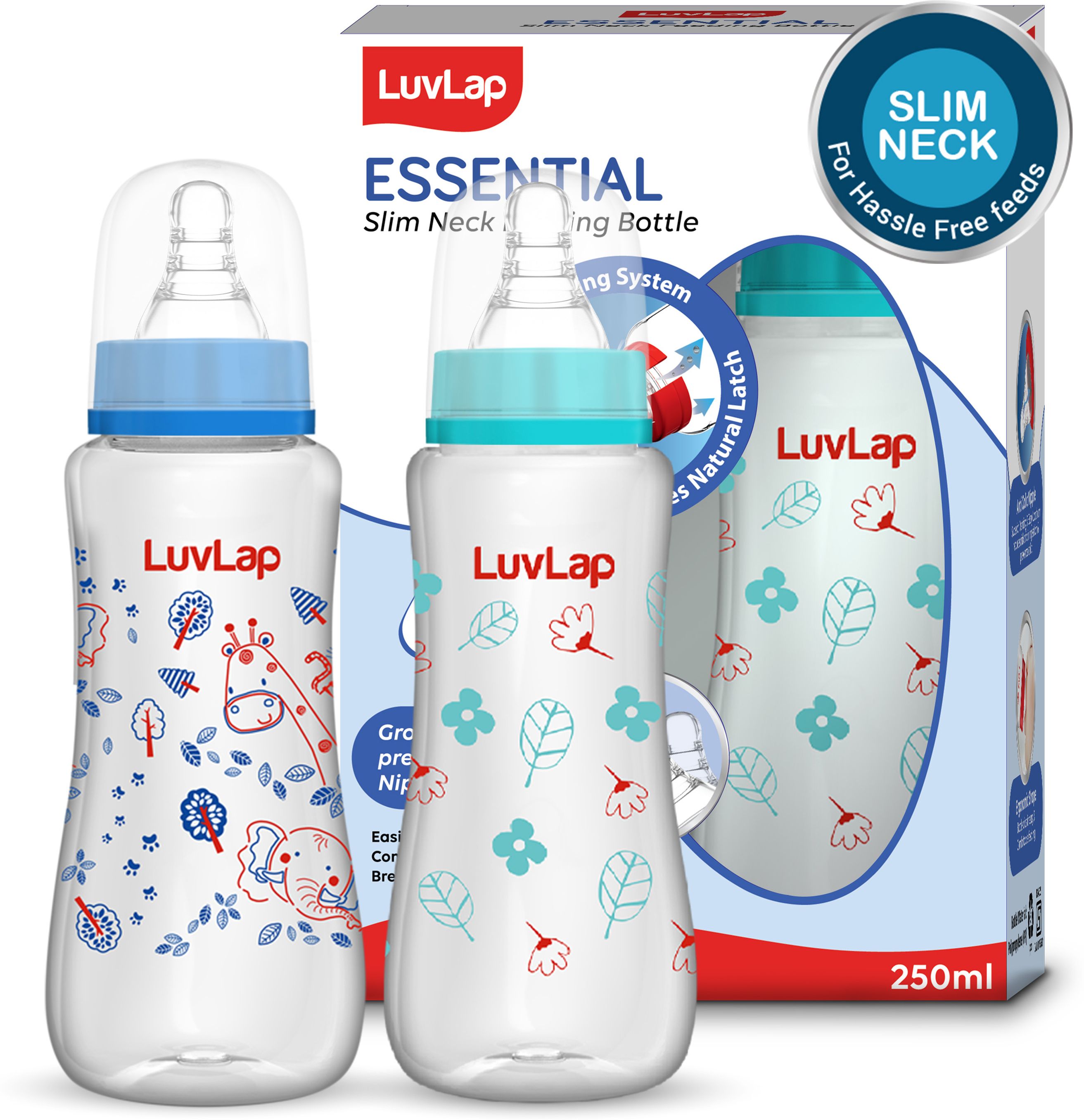 Anti-Colic Slim Neck Essential Baby Feeding Bottle, Jungle Tales Pack of 2 - 250 ml