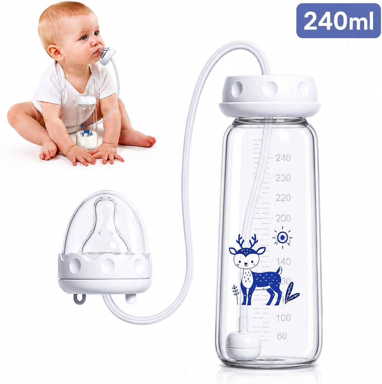 Hands Free Baby Feeding Bottle | Anti-Colic Milk Bottle with Feeding Pipe | - 240 ml-image-44