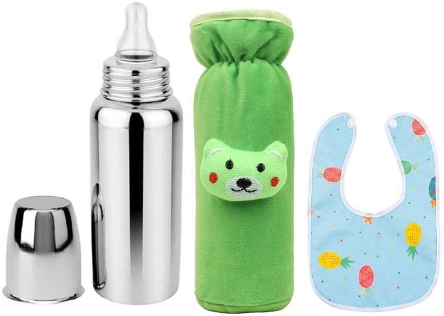 bluscaile Baby Feeding Milk Steel Bottle With Cover & Baby Bib 0-5 Years - 250 ml-picture-23