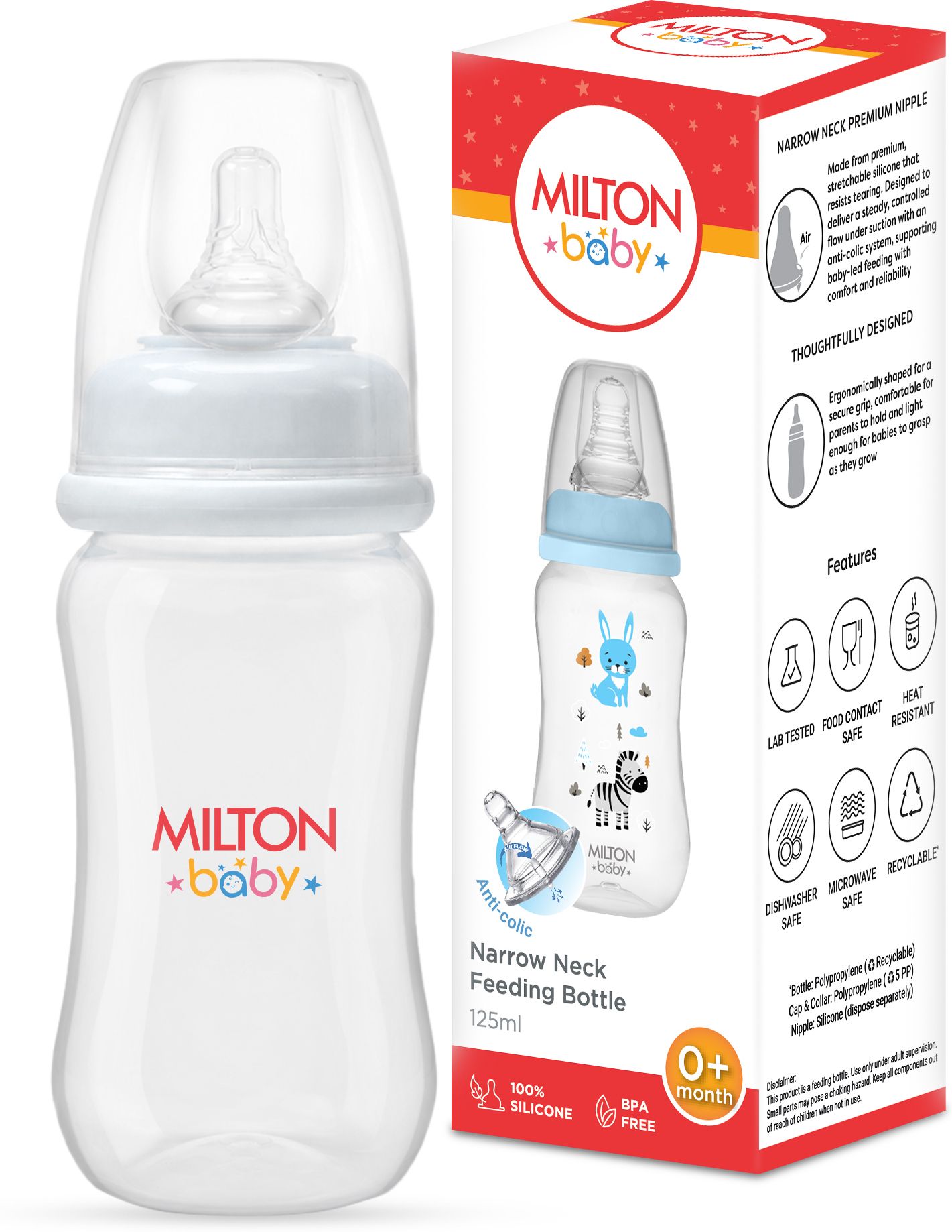 Narrow Neck Feeding Bottle 125ml, Anti-Colic, BPA Free, 0+ Months, White - 125 ml-image-22