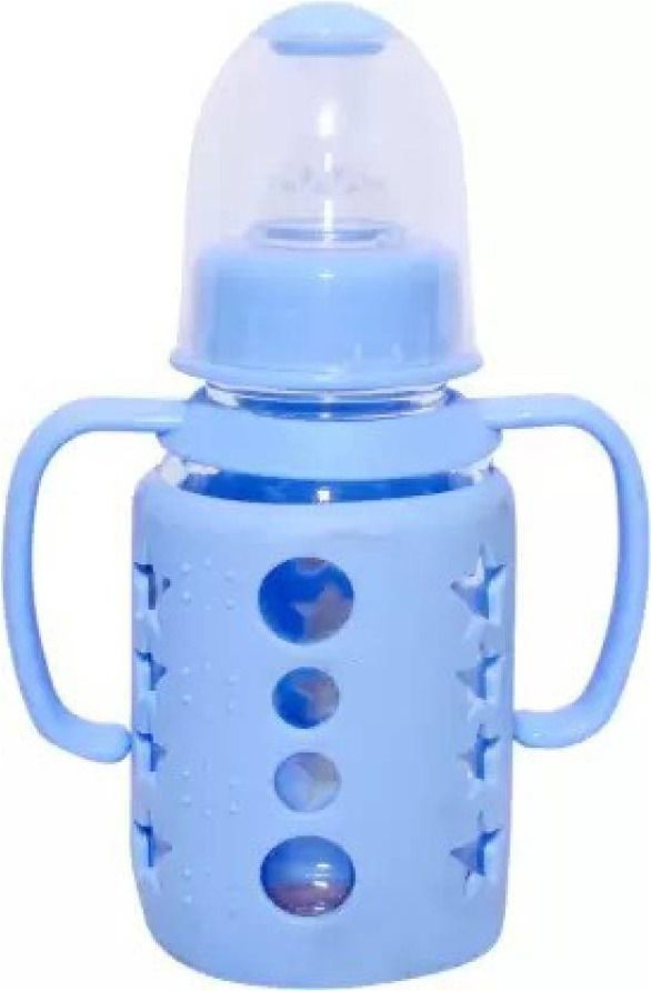 Premium Glass Feeding Bottle With Removable Silicon Cover and Training Handle. - 120 ml