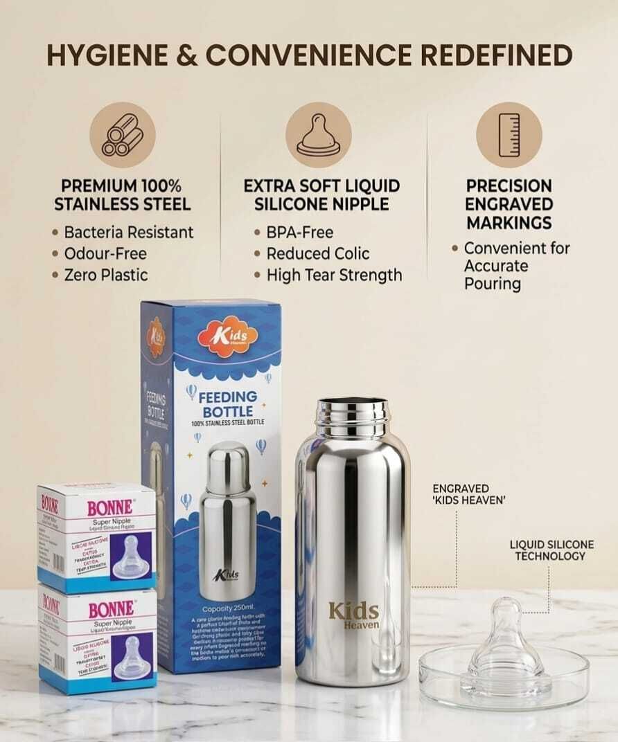 kids heaven Stainless Steel Baby Feeding Bottle BPA Free, 304 grade, 2 Silicone Nipple extra - 250 ml-picture-16