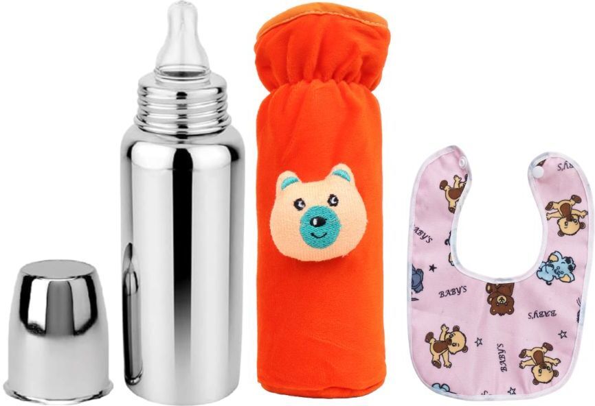 bluscaile Baby Feeding Milk Steel Bottle With Cover & Baby Bib 0-5 Years - 250 ml-picture-44