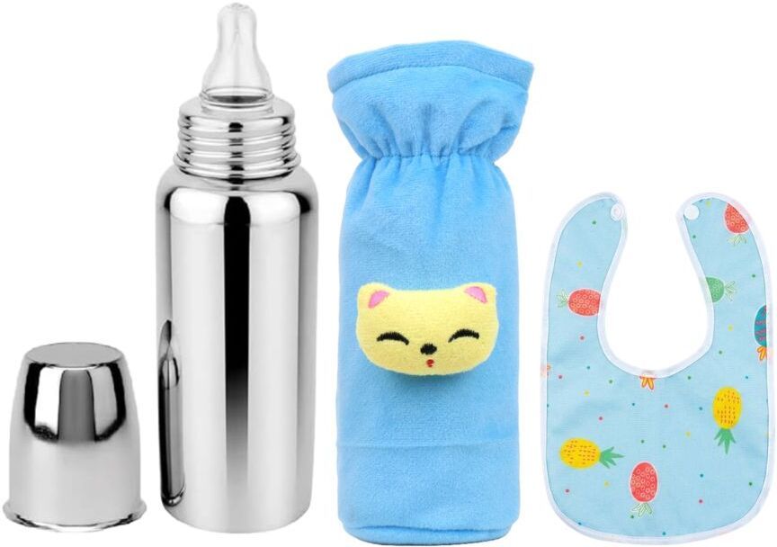 bluscaile Baby Feeding Milk Steel Bottle With Cover & Baby Bib 0-5 Years - 250 ml-picture-12