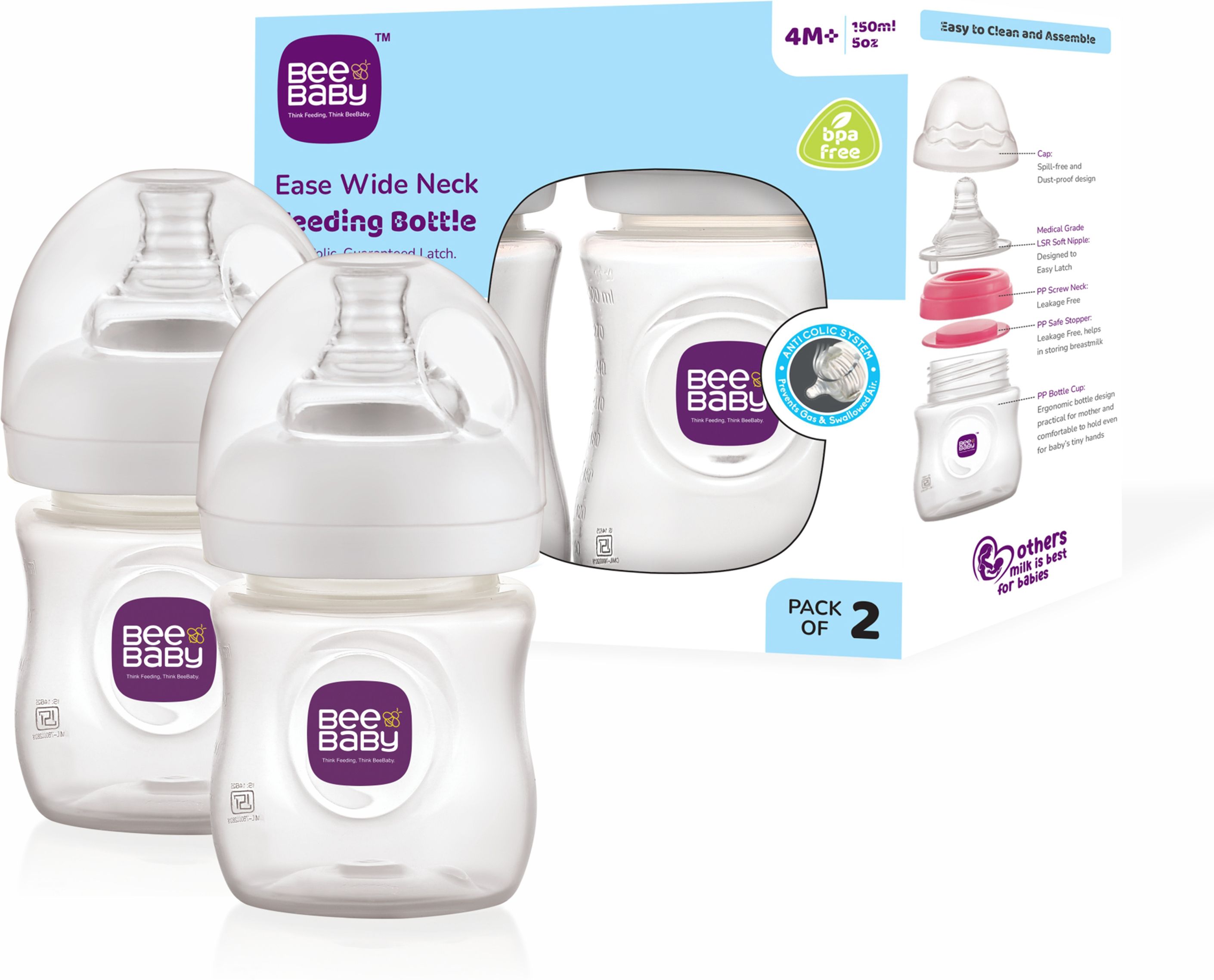 Ease Wide Neck Baby Feeding Bottle with Anti-Colic Nipple. BPA Free. - 150 ml-image-28