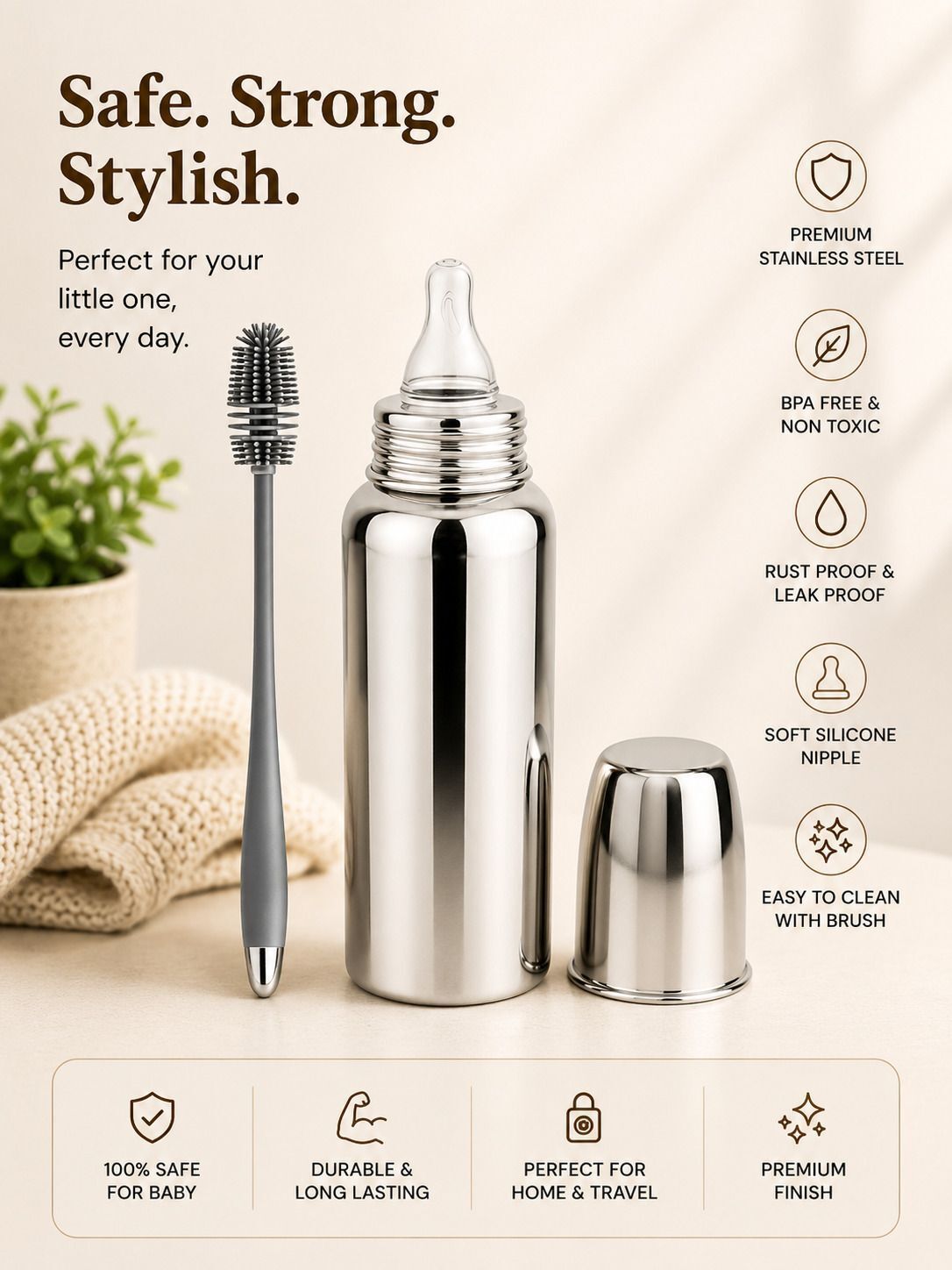 fusion fly Stainless Steel Baby Feeding Bottle (240 ML) and bottle cleaning brush-1 - 240 ml-picture-2