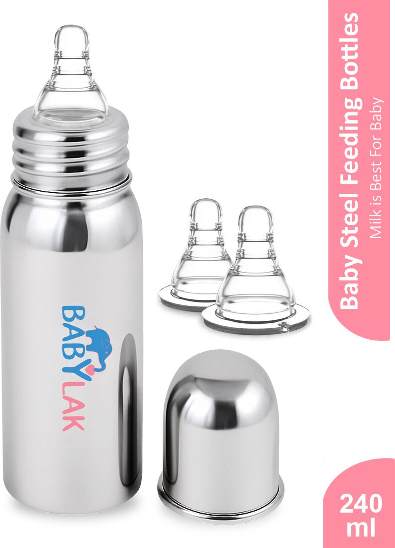 Steel Baby Milk Bottle with Silicone Nipple Newborn Baby Feeding Bottle For Kids - 240 ml-image-2