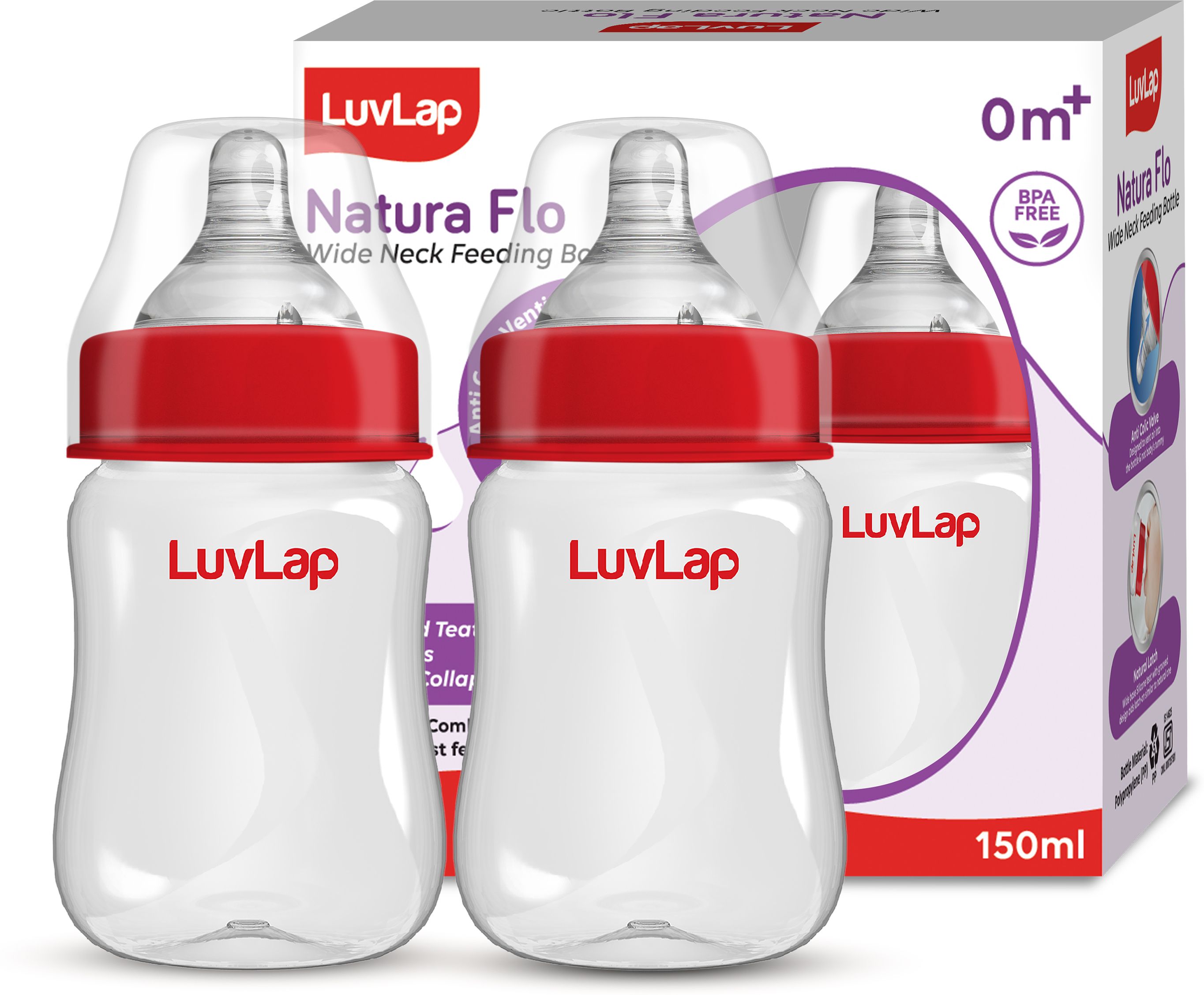 luvlap Anti-Colic Wide Neck Natural Flow Baby Feeding Bottle, BPA Free Pack of 2 - 150 ml-picture-20