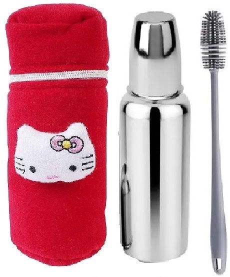 Baby steel feeding bottle 250 ml with bottle cover and bottle cleaning brush - 250 ml-image-33