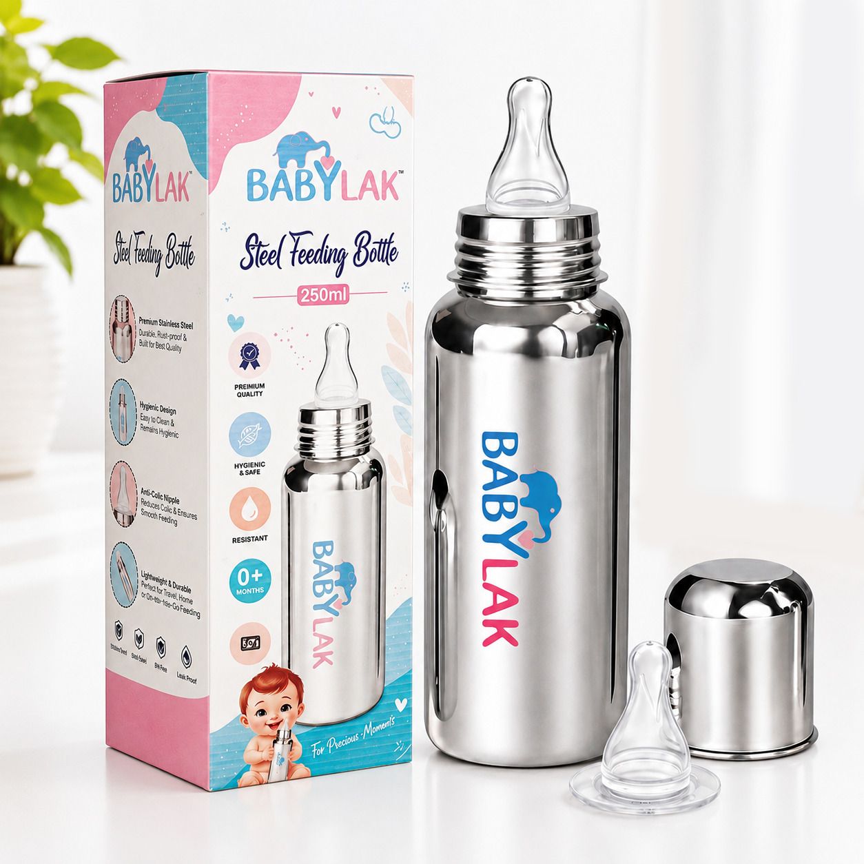 Steel Baby Feeding Bottle with Silicone Nipples BPA Free - 250 ml-image-3