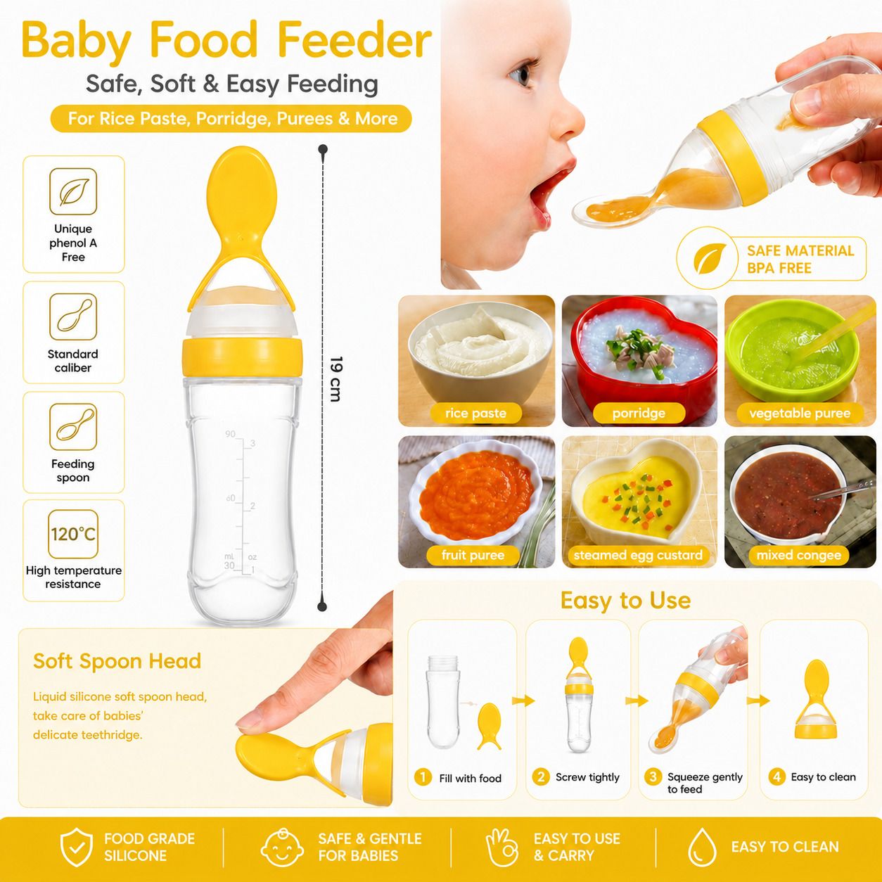 saforiaa Feeding Spoon with Squeezy food Grade Silicone Feeder bottle BPA Free, 90 ml - 90 ml-picture-3