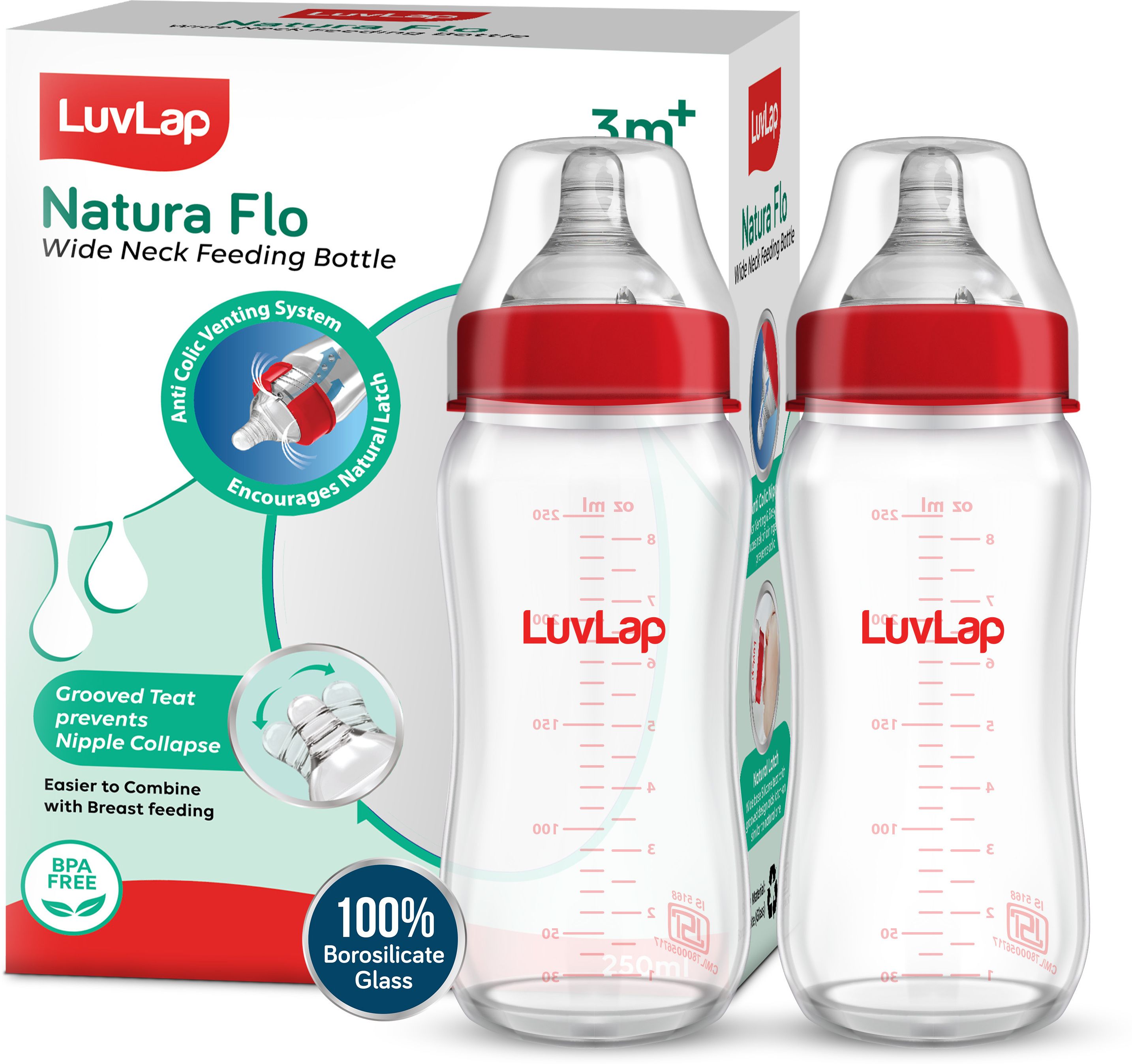 Natural Flow Wide Neck Glass Feeding Bottle, Suitable for Newborns Pack of 2 - 250 ml-image-40