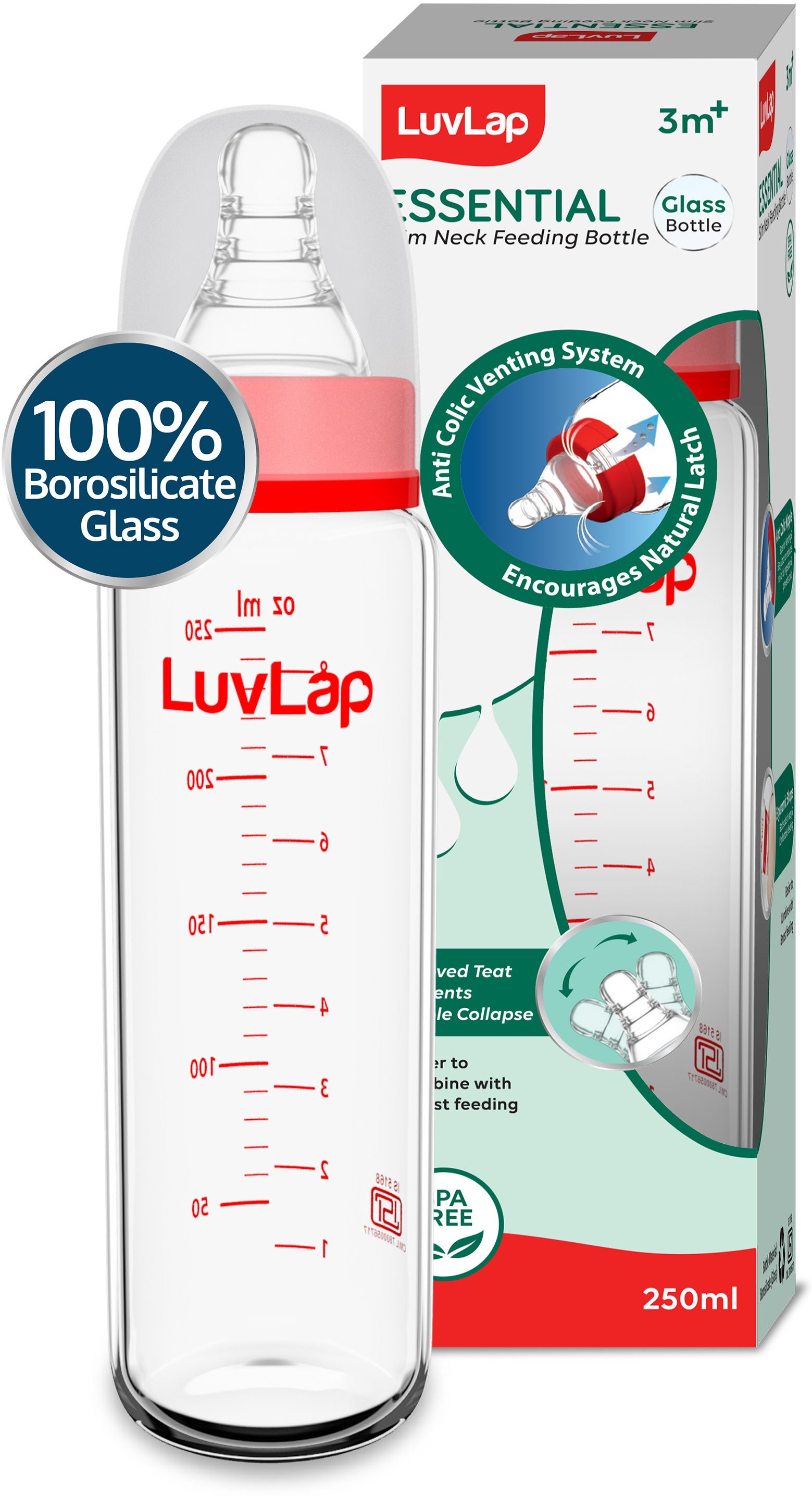 luvlap Essential Slim Neck Glass Feeding Bottle, Suitable for 3M+ Babies Pack of 1 - 250 ml-picture-37