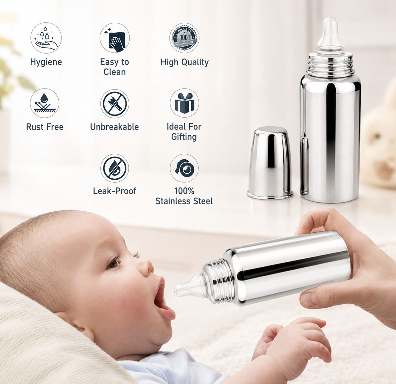 fusion fly Stainless Steel Baby Feeding Bottle BPA Free Cleaning Brush with Silicone Nipple - 250 ml-picture-45