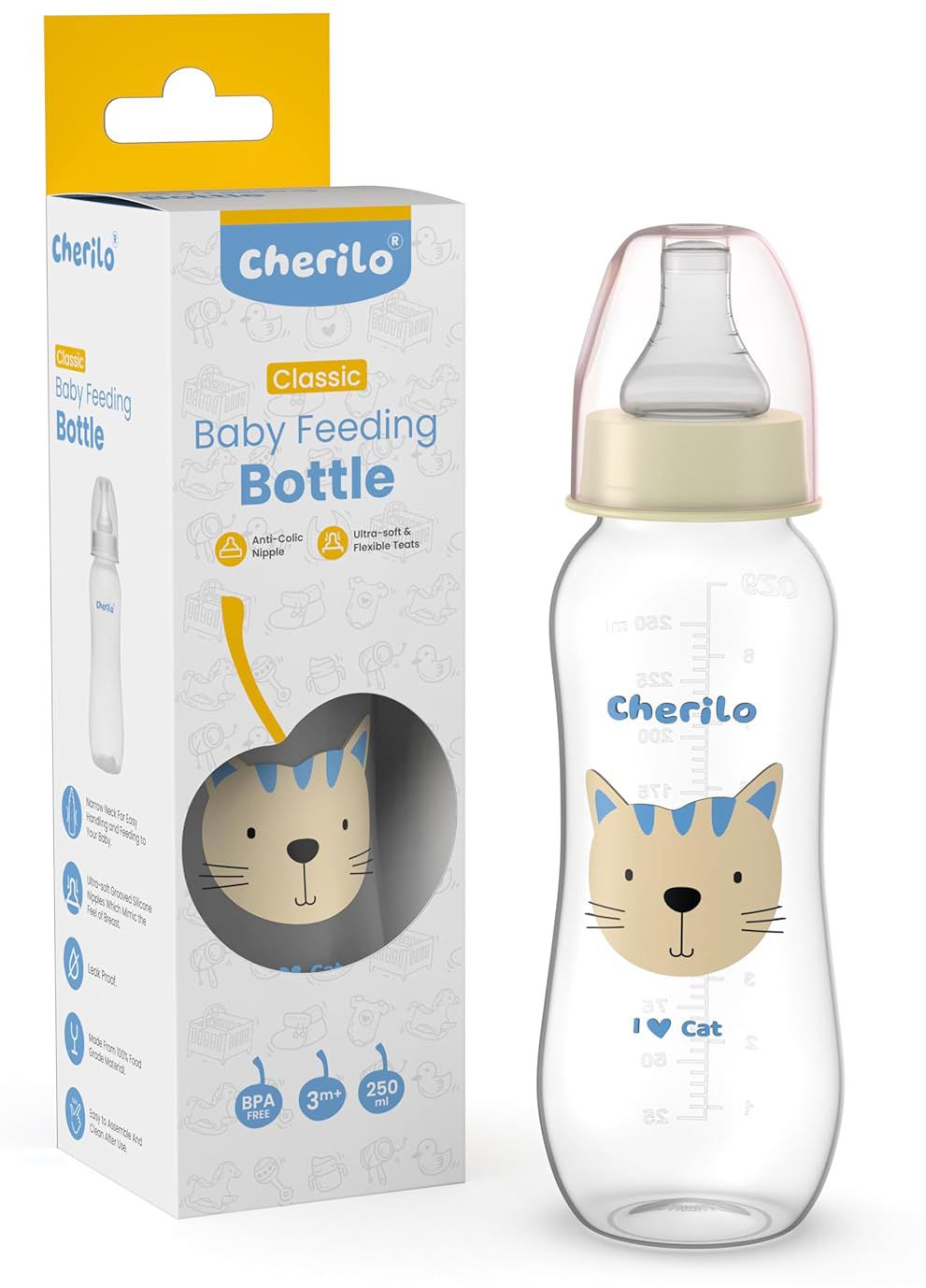 Anti-Colic Slim, Classic Baby Feeding Bottle, Upto 3 Years, Lovely Cat Style - 250 ml