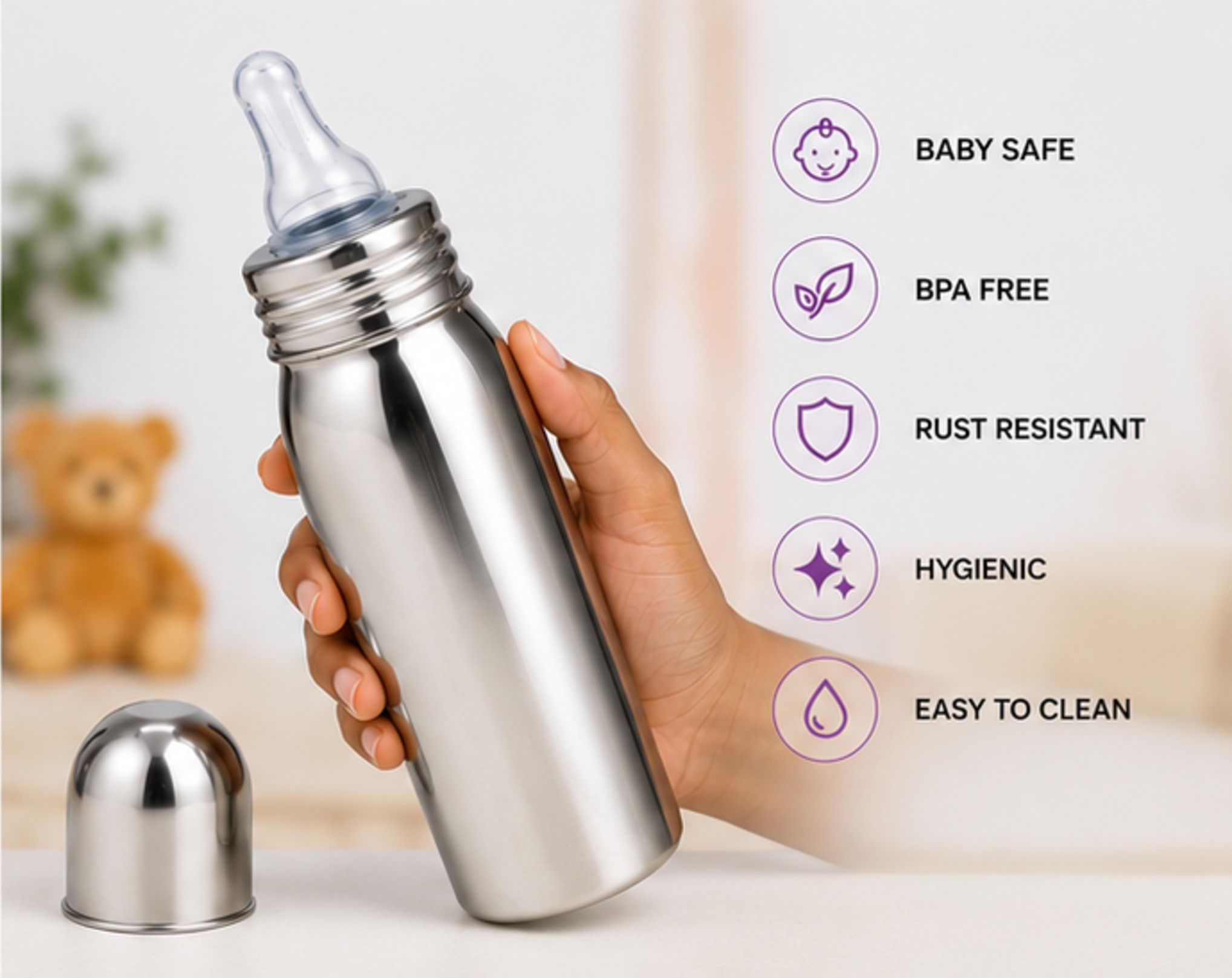 Stainless Steel Baby Feeding Bottle with Silicone Nipple & Protective Cap - 300 ml-image-9
