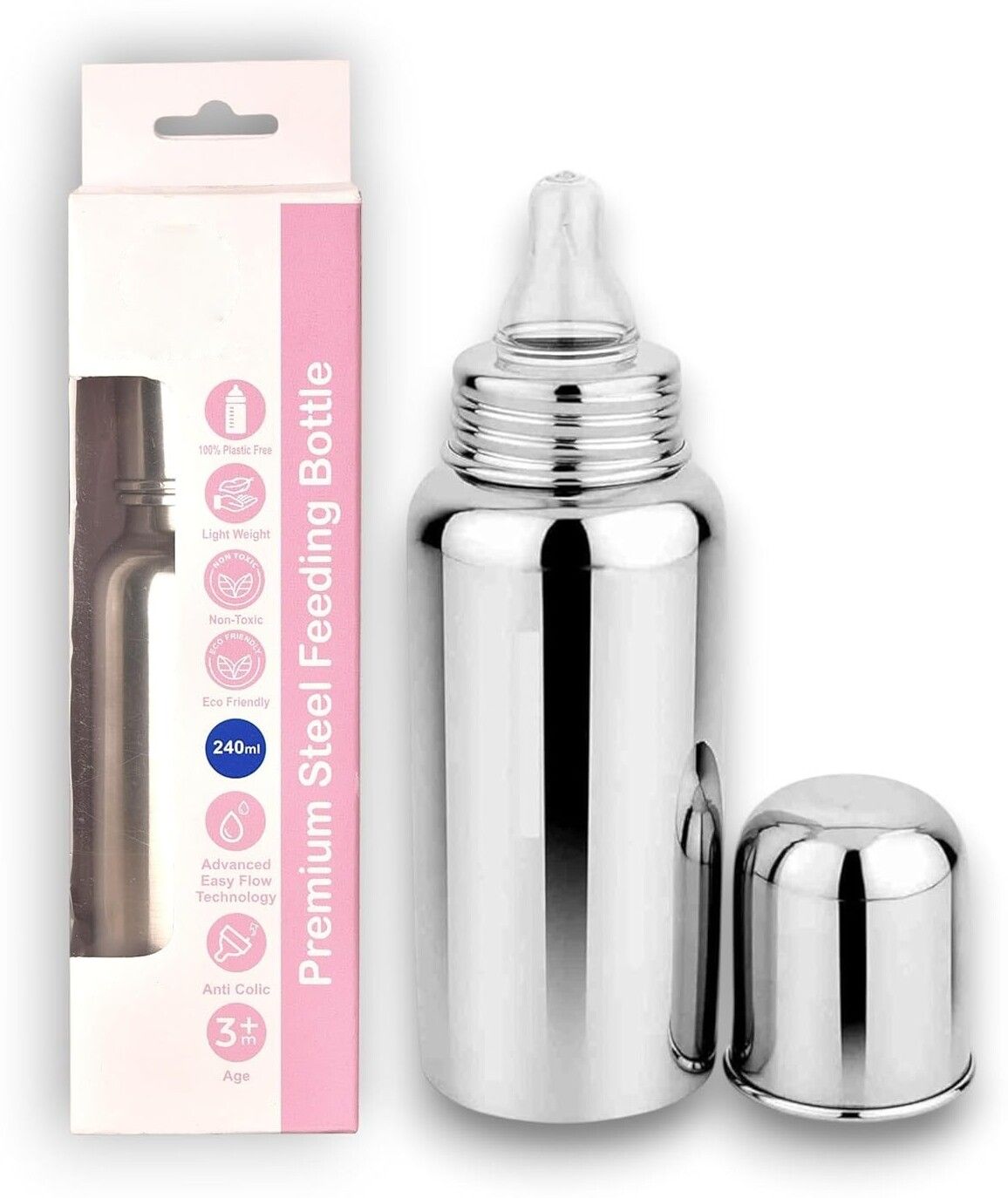 Baby Stainless Steel Feeding Bottle Silicone Teat Nipple Advance Anti Colic Valv - 240 ml-image-27