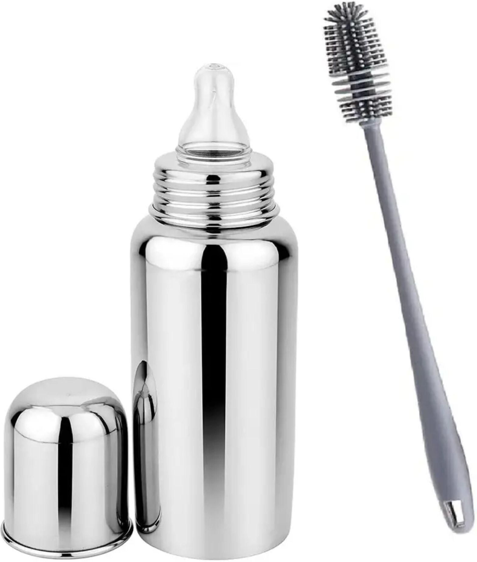 charmpeak Stainless Steel Baby Feeding Bottle 250 ml with Cleaning Brush, Silver - 250 ml-picture-14